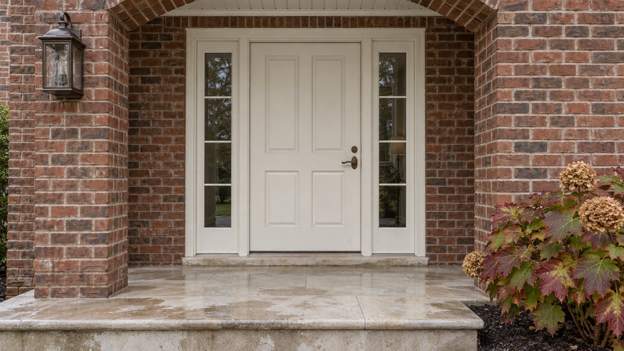 A painted front door with matching sidelights, red-brown brick surround, damp limestone steps, and autumn oakleaf hydrangea.