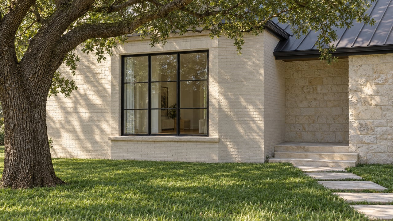 Oak-shaded brick house with a black-framed window and limestone steps crossing the lawn.