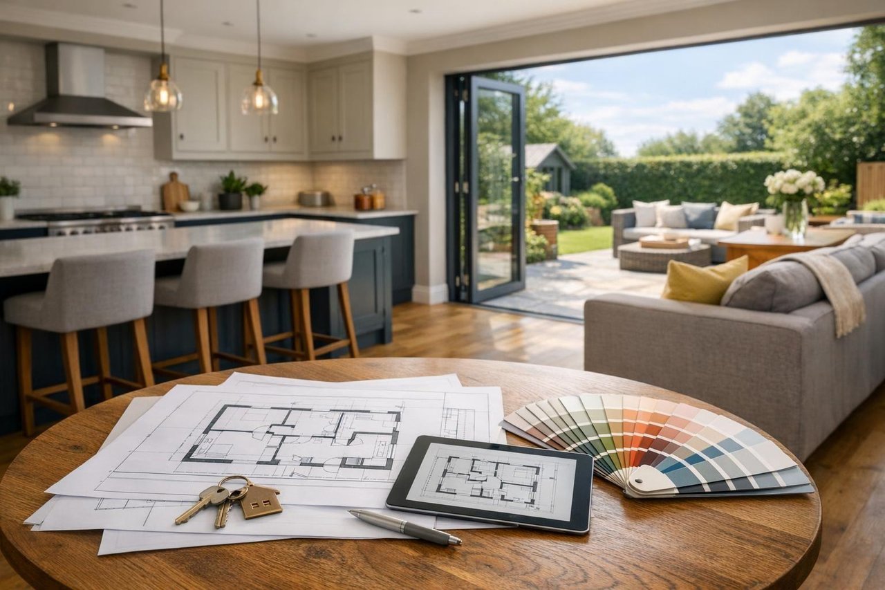 Kitchen and living room open to a garden, with floor plans and paint samples on a table.