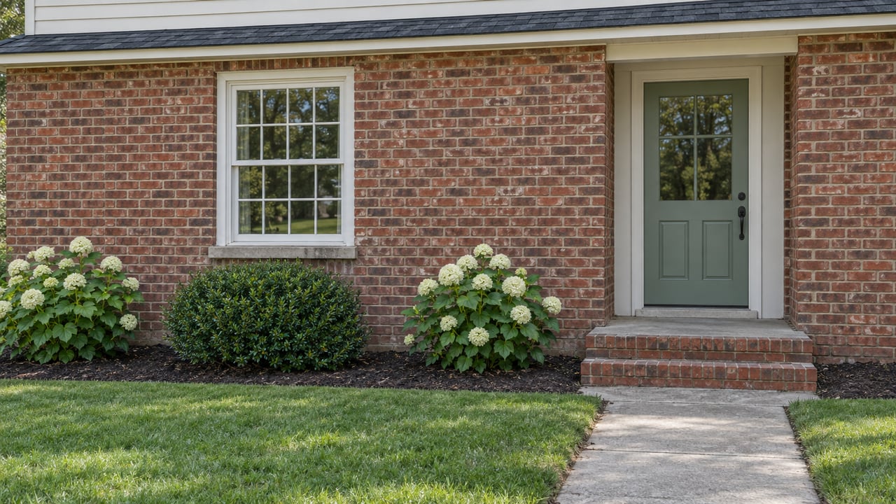 Aged red-brick house with a sage entry door, divided-pane window, brick steps, and a planted foundation bed.