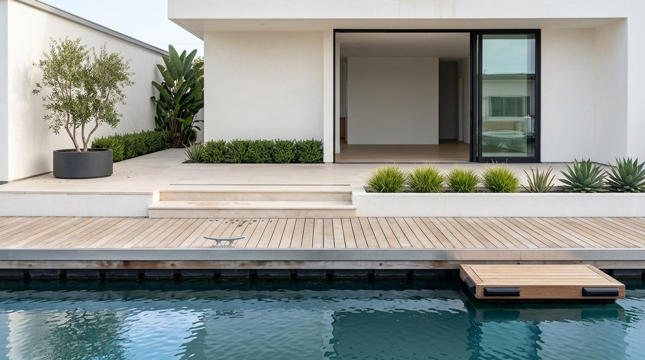 Teak dock meets limestone patio steps beside black-framed sliding doors in warm-white stucco.