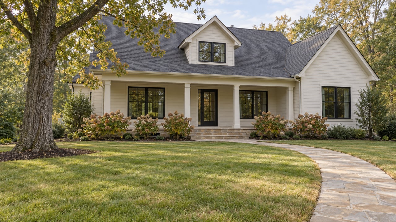 Light-painted home with a recessed stone porch, black-framed windows, deep lawn, and a mature white oak in soft morning light.
