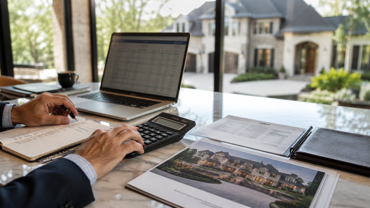 A luxury home buyer reviewing financial documents, property details, and a calculator with an upscale home in the background, representing the cash reserves, down payment, and financial planning involved in purchasing a luxury home.