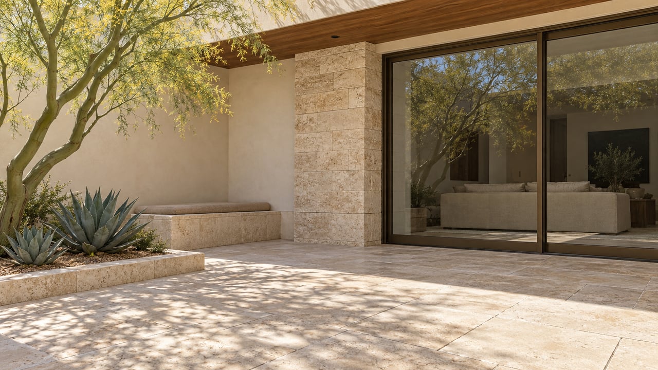 Sunlit limestone courtyard with bronze-framed glass doors, a wood soffit, a built-in bench and a sculptural desert tree.