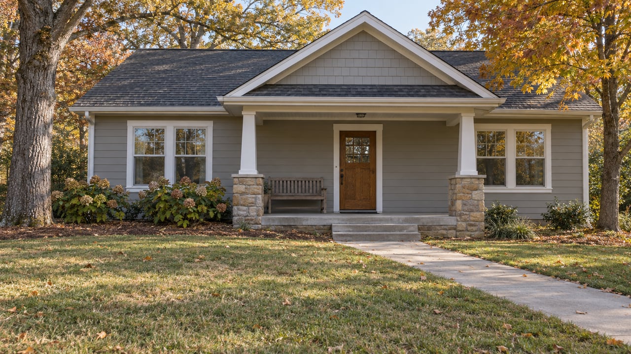 Modest gabled home with a stone-accented front porch, deep lawn and autumn trees.