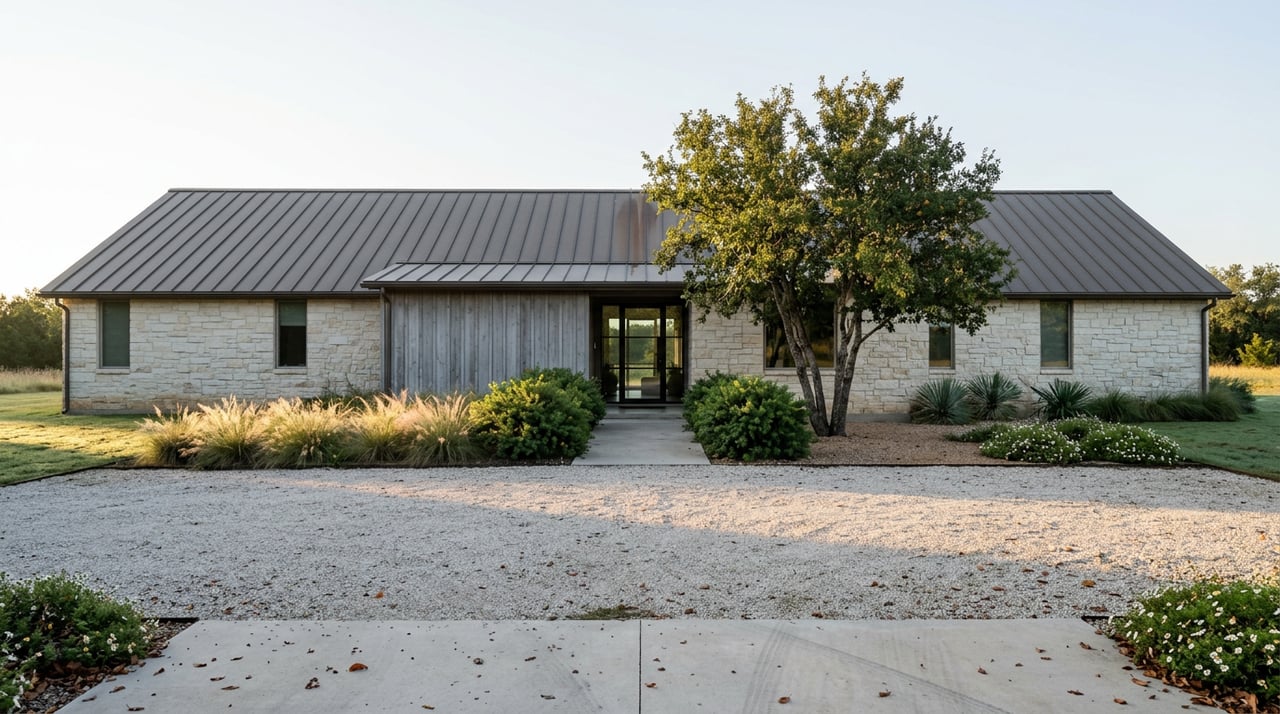 Limestone home with dark metal roof, gravel forecourt, and a Texas persimmon beside the entry.