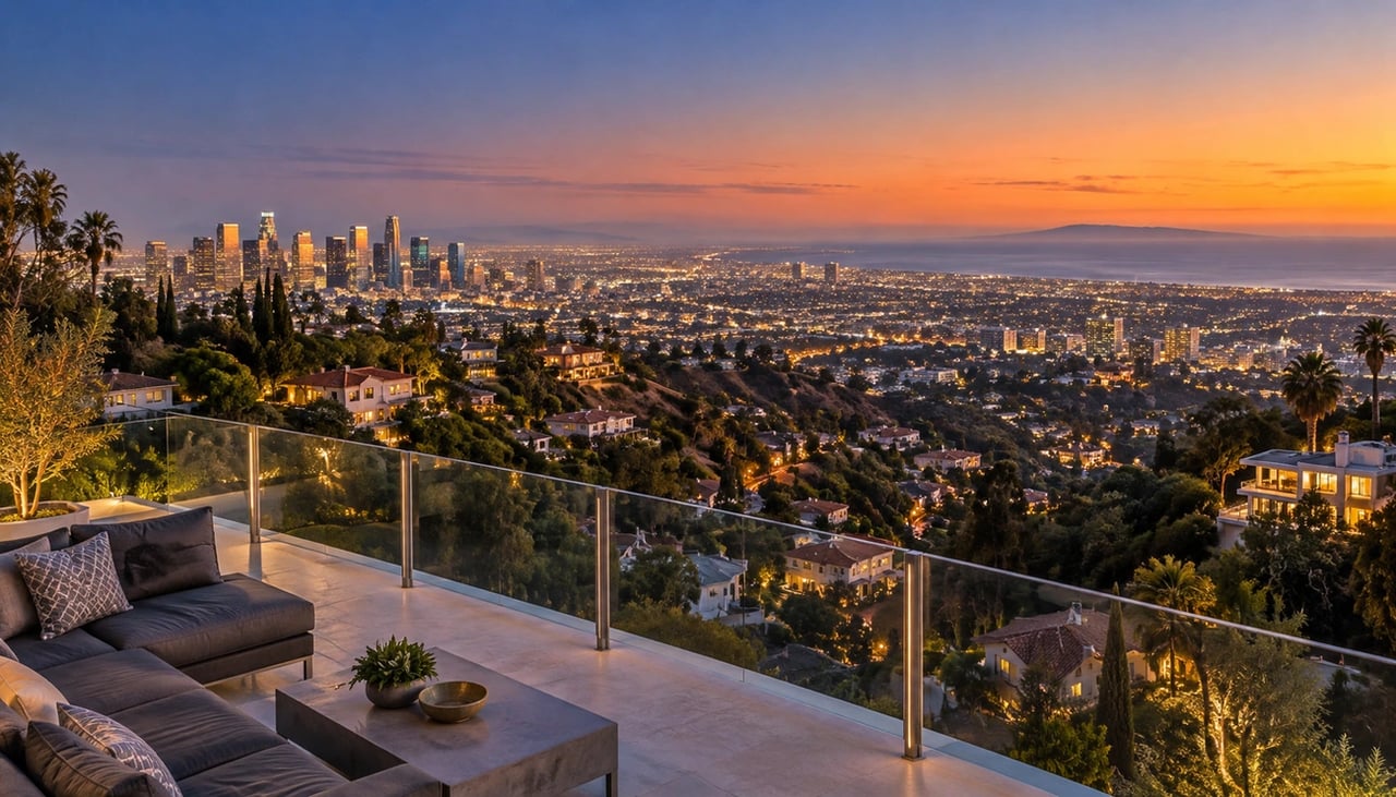 Hillside terrace overlooking the Los Angeles skyline at dusk, with a glass railing and outdoor sectional.