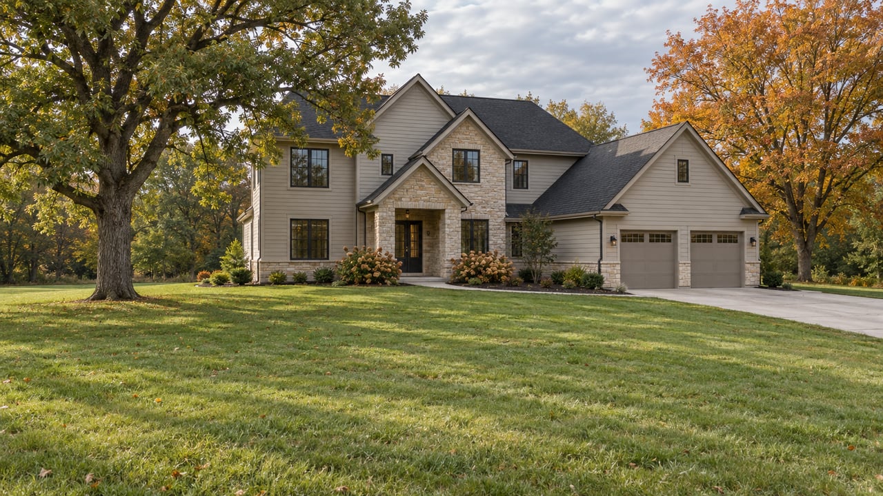 Two-story house with stone entry, two-car garage, and autumn trees across a broad lawn.
