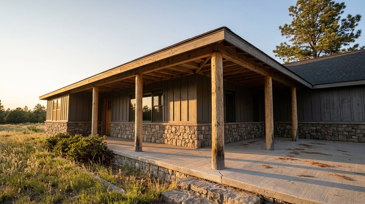 Ranch home porch with peeled-log posts, fieldstone base, board-and-batten siding, and meadow grass beneath a pine.