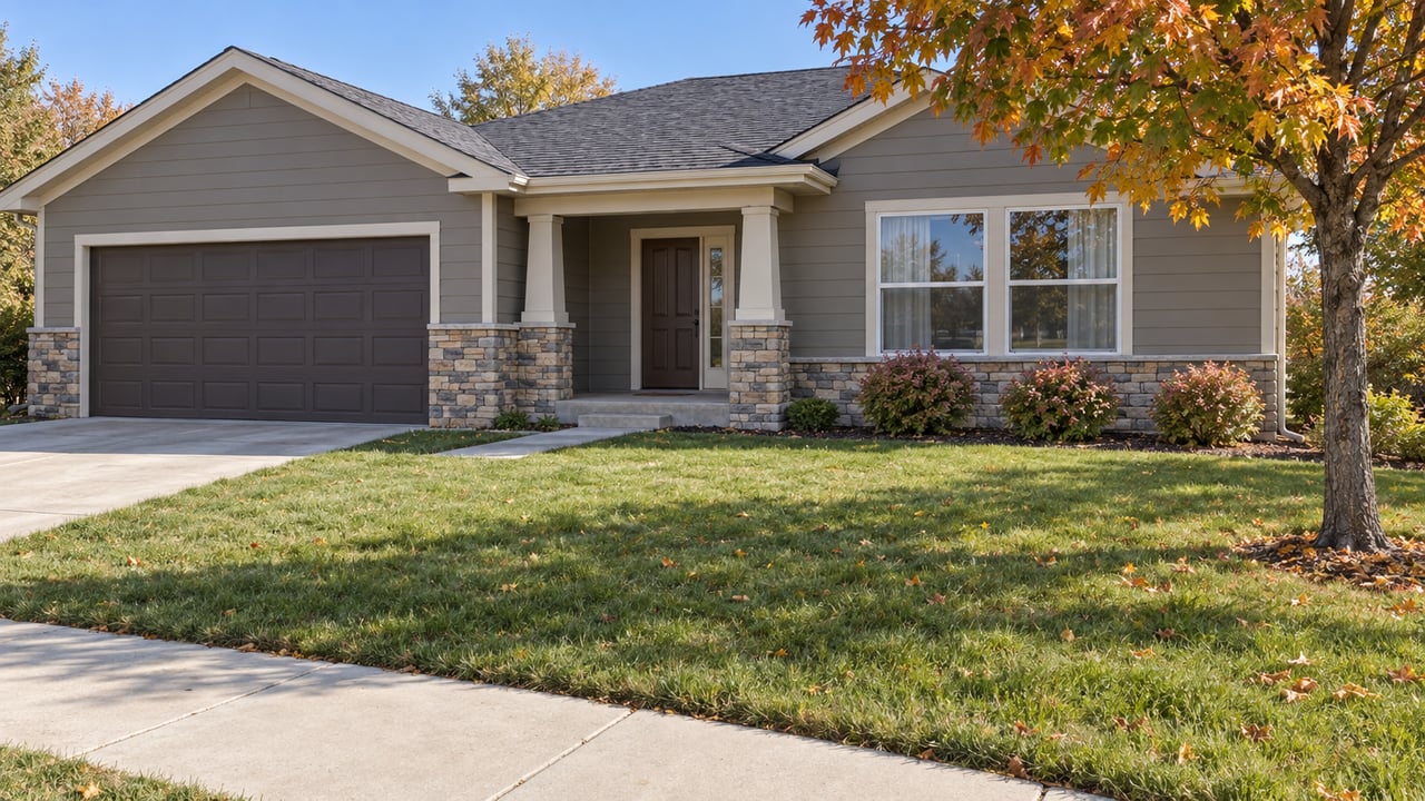 Single-story home with gray lap siding, stone entry piers, a two-car garage and an established autumn lawn.