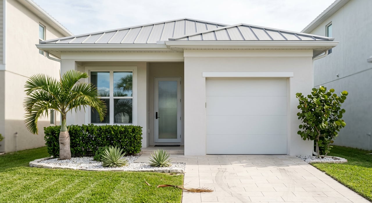Single-story stucco house with a metal roof, paver driveway, palms, and a recessed front entry.