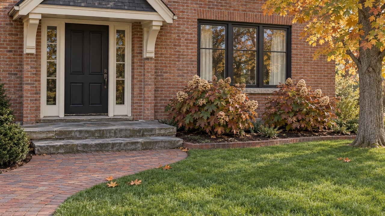 Brick home entrance with bluestone steps, paired sidelights, oakleaf hydrangeas and an amber sugar maple beside a curving brick walk.