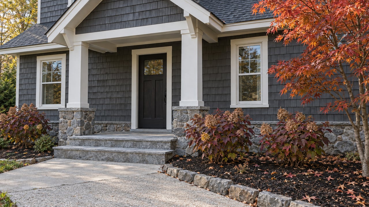 Graphite shingle home with a white-trimmed covered entry, gray stone steps and orange-red autumn planting.