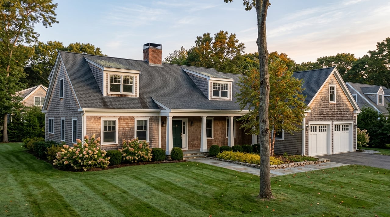 Cedar-shingled home with a covered porch, two-car garage, bluestone walk, and cinnamon-barked maple in front.