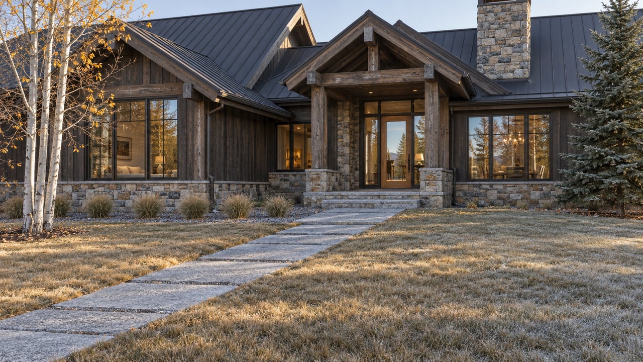 Morning frost across a spacious lawn leading to a dark timber and ledgestone home with broad gabled roofs and bronze-framed windows.
