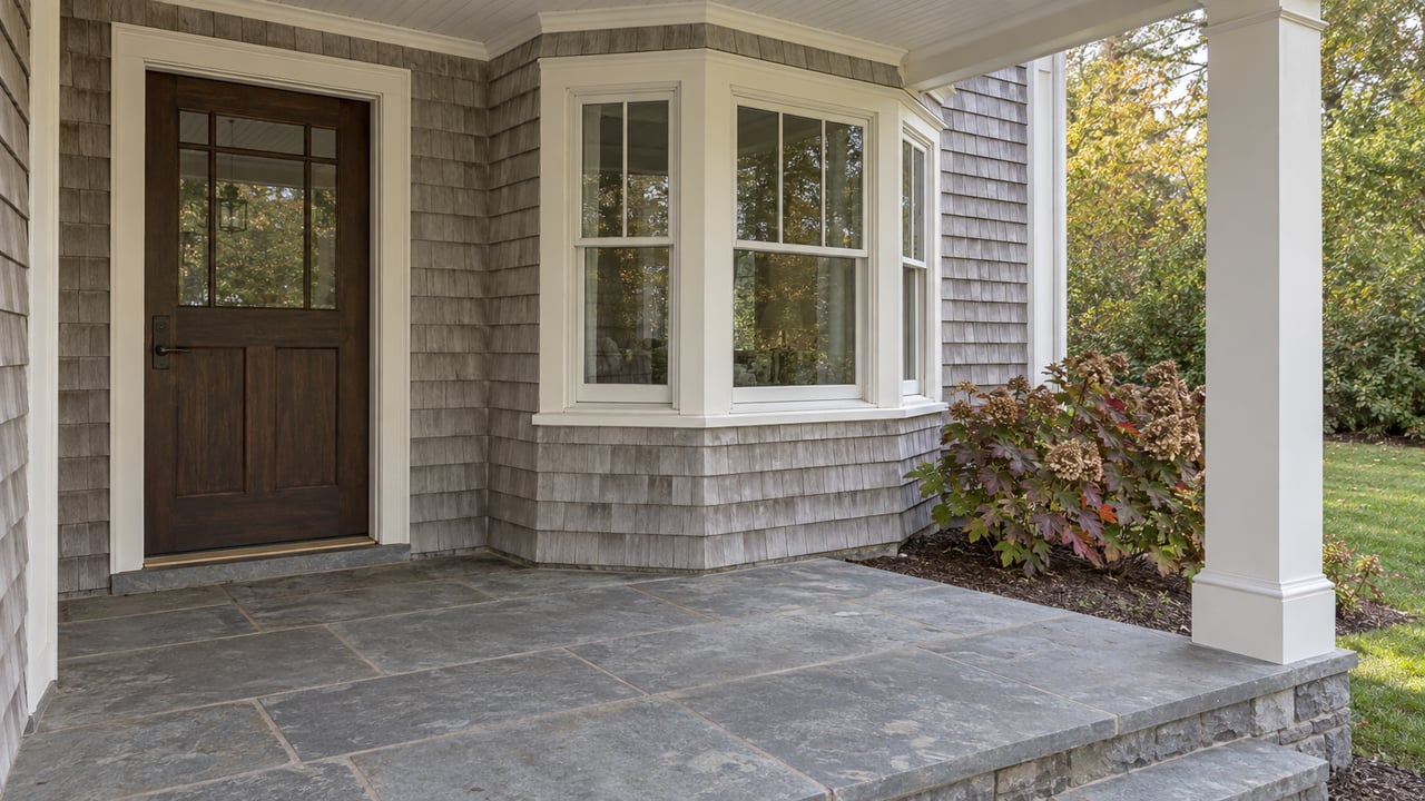 A cedar-shingle home’s covered porch with an oak entry door, white-trimmed bay windows and worn bluestone steps beside oakleaf hydrangeas.