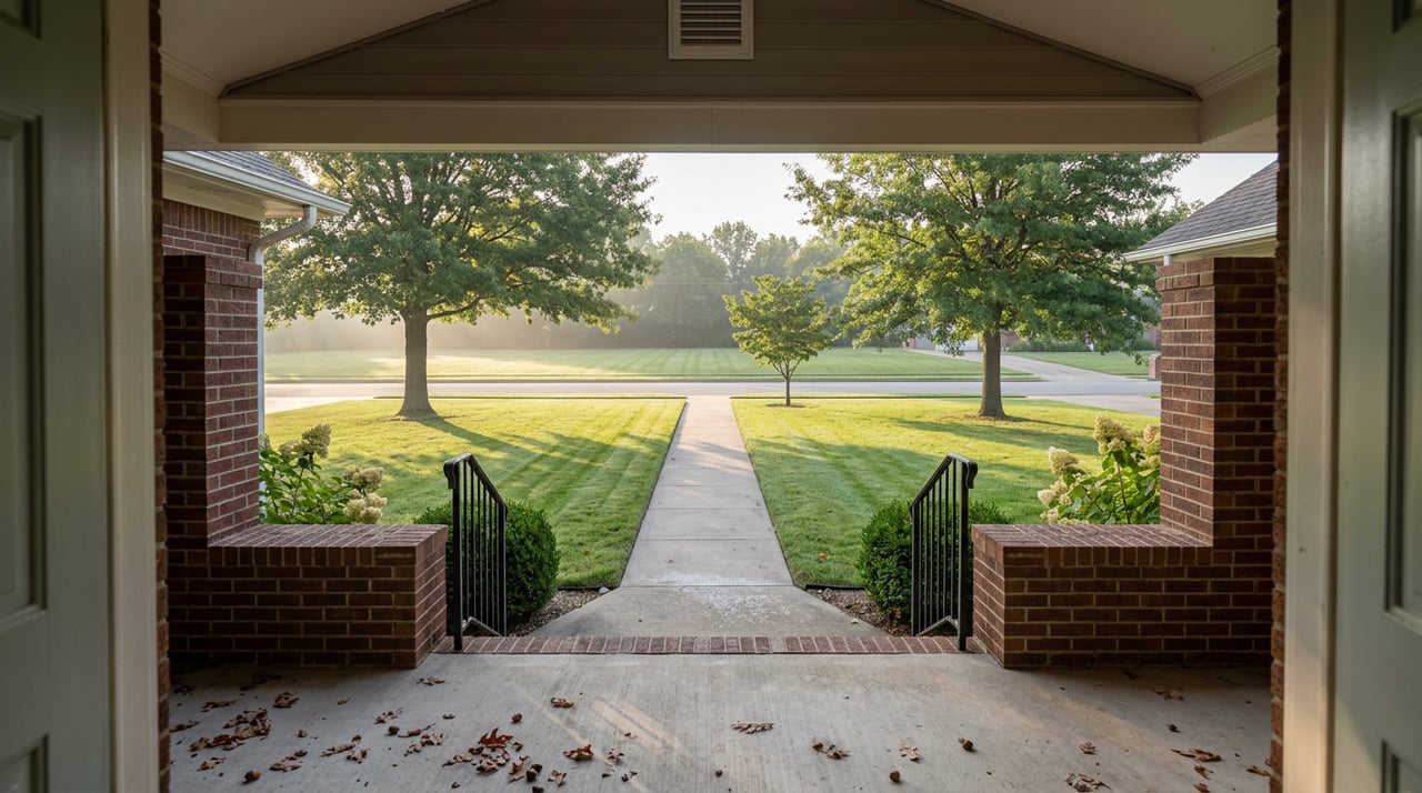 Brick entry stoop and iron railing overlook a broad lawn, framed by mature trees and a small flowering tree.