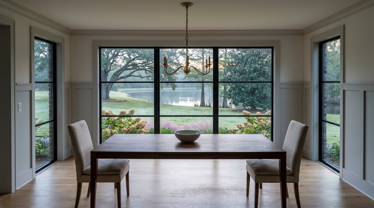 Dining room with a brass chandelier and walnut table overlooking a pond through black-framed windows.