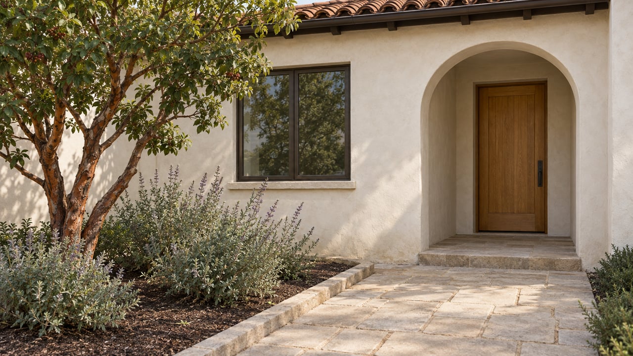 Cream plaster home with an arched oak-door entrance, weathered tile eave, and a stone approach beside a strawberry tree and sage.
