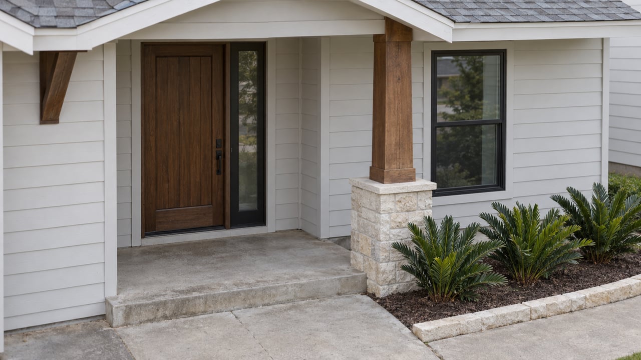 Recessed walnut-toned door and dark-framed sidelight beneath a gabled porch, beside a limestone-based wood post and planted bed.
