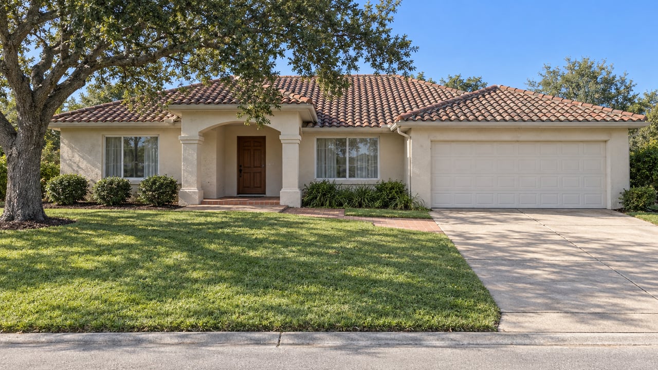 A sand-colored stucco home with a barrel-tile roof, broad lawn, attached garage, and mature live oak in clear late-morning light.