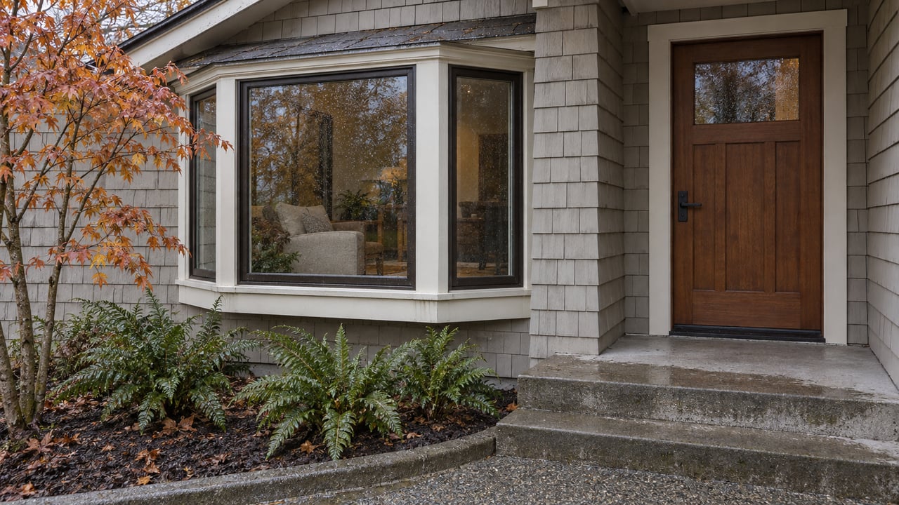 Rain-damp shingled home with a projecting glazed window, closed fir entry door, concrete steps, vine maple and sword ferns.