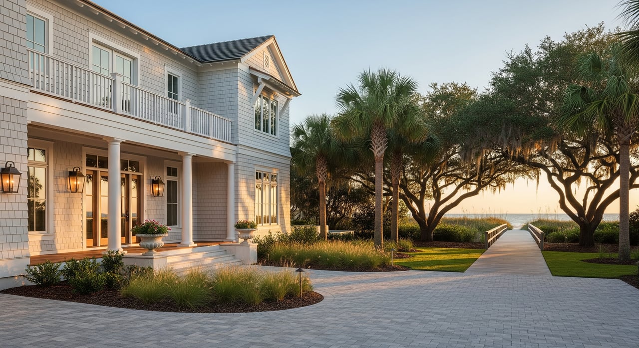 White coastal house beside a palm-lined path leading to the ocean.
