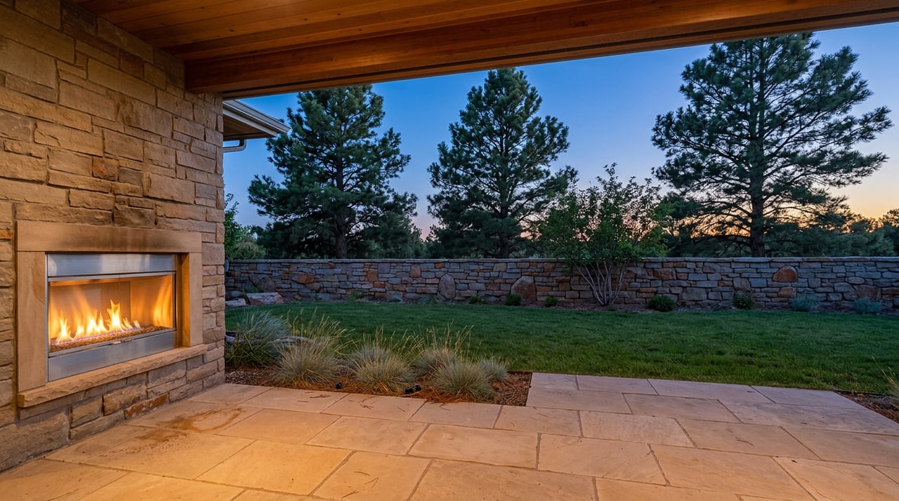 Lit fireplace beside a stone patio, lawn, low wall, and pine trees at dusk.