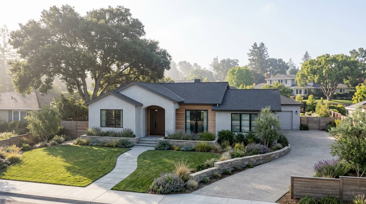 Contemporary single-story home with stone accents, a three-car garage, and an oak canopy overhead.
