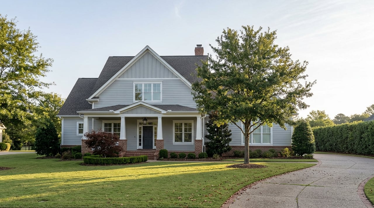 Large gray custom home with layered gables, a broad lawn, mature oak, and curving concrete motor court.