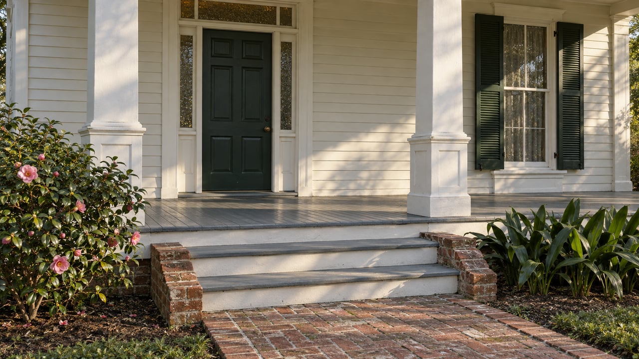 Warm-white raised cottage porch with paired columns, a dark-green glazed entrance, shuttered window and weathered brick approach.