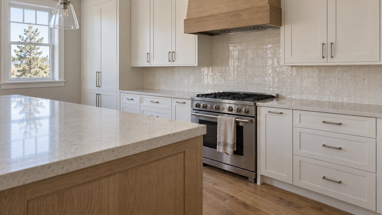 Bright family-home kitchen with a thick white quartz island, oak accents, cream cabinetry, and a pine visible through a closed window.