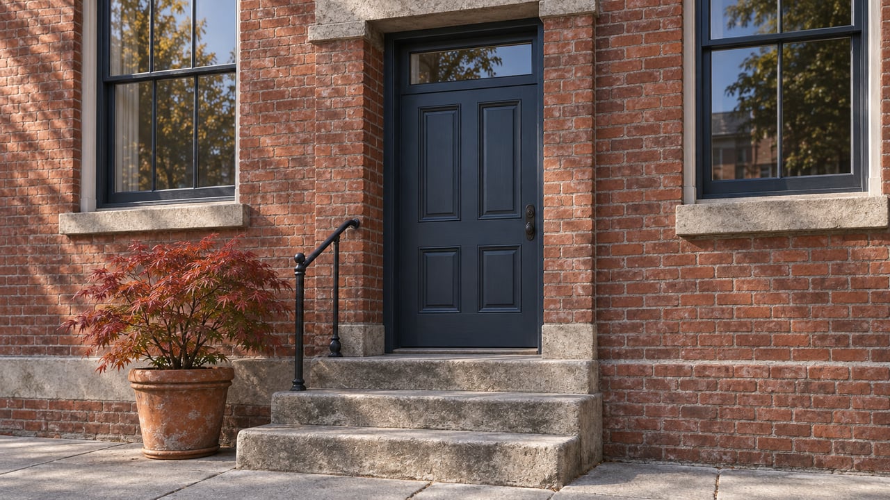Brick rowhouse entrance with a blue-gray door, limestone stoop, iron handrail, and rust-red maple in a terracotta planter.