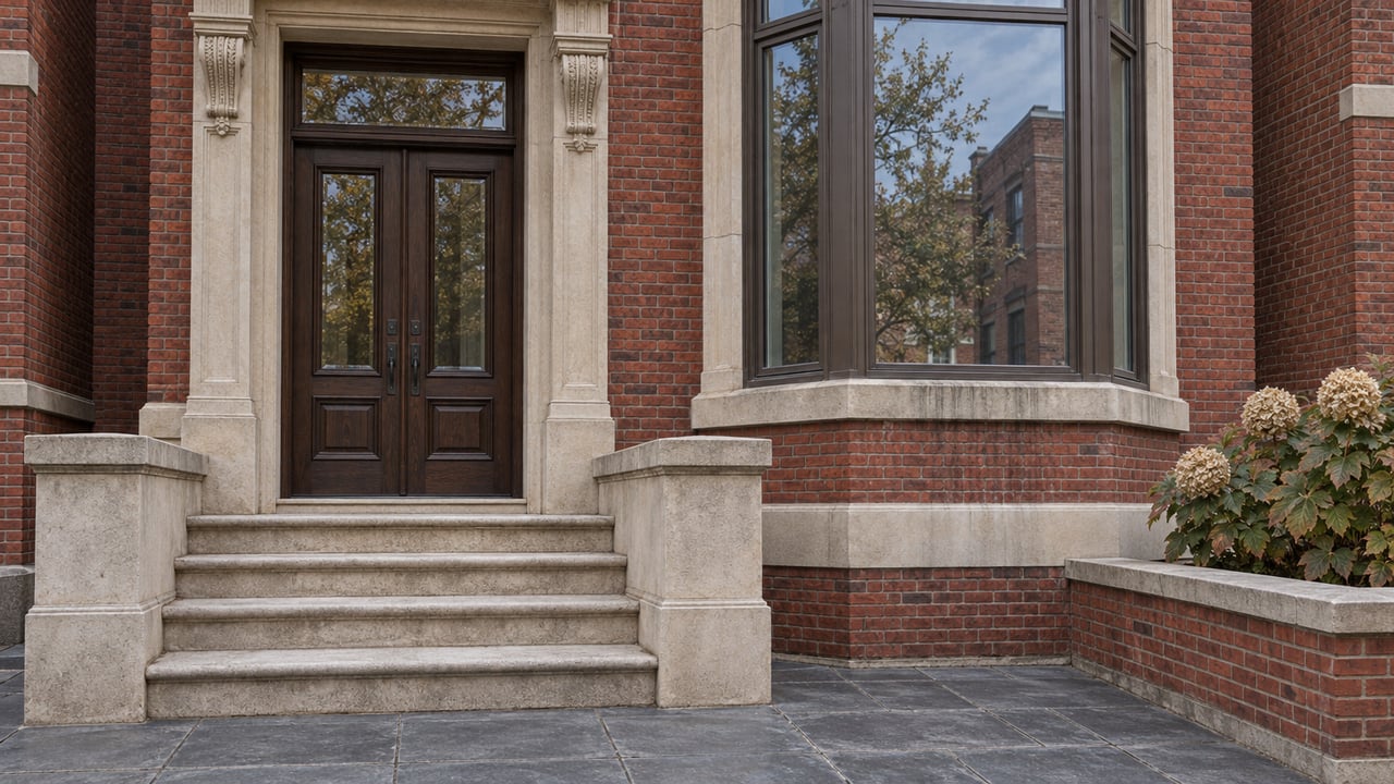 Red-brick residence with carved limestone entry, dark oak double doors, a bronze-framed bay window and broad worn stone steps.