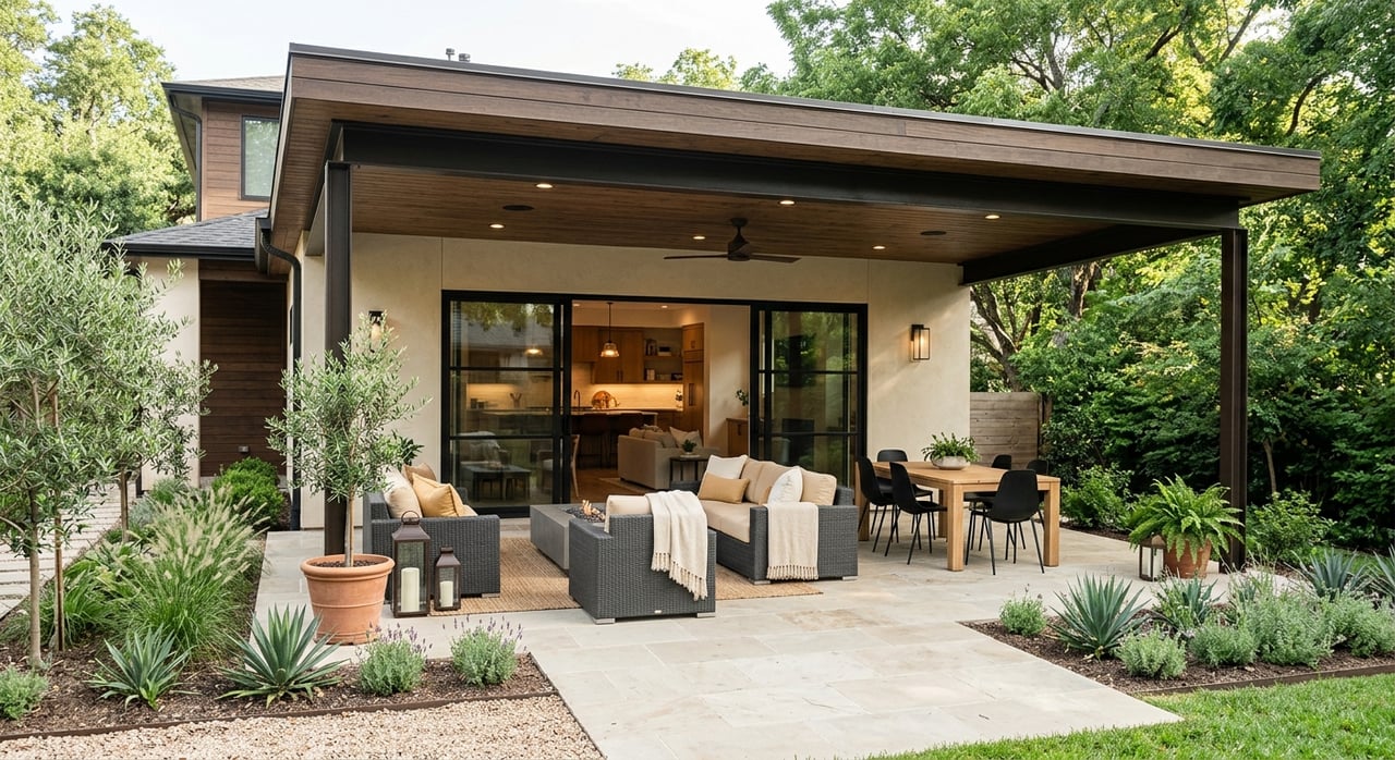 Limestone-paved patio with an oval dining table, four black chairs, olive tree, and wide sliding glass doors.