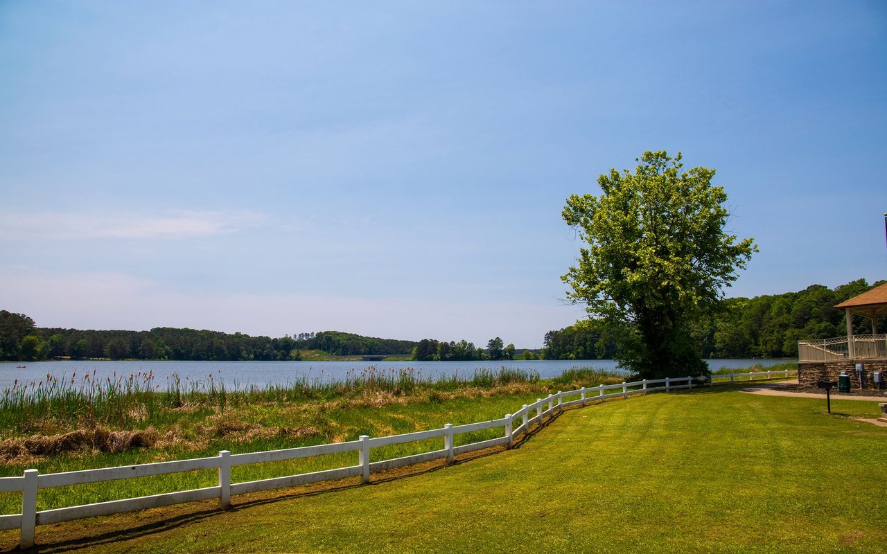 Lakeside lawn bordered by a white fence, with reeds, a large tree, and wooded shores across the water.