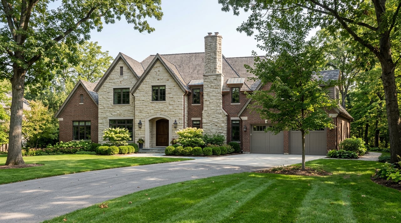 Stone-and-brick estate beside a curving driveway, broad lawn, and woodland-edge walking path.