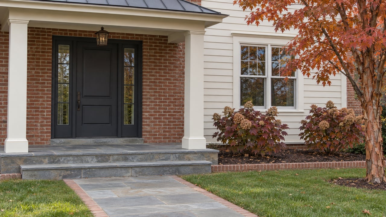 Brick and ivory-sided home with a charcoal front door, bluestone steps and orange-red paperbark maple beside autumn hydrangeas.