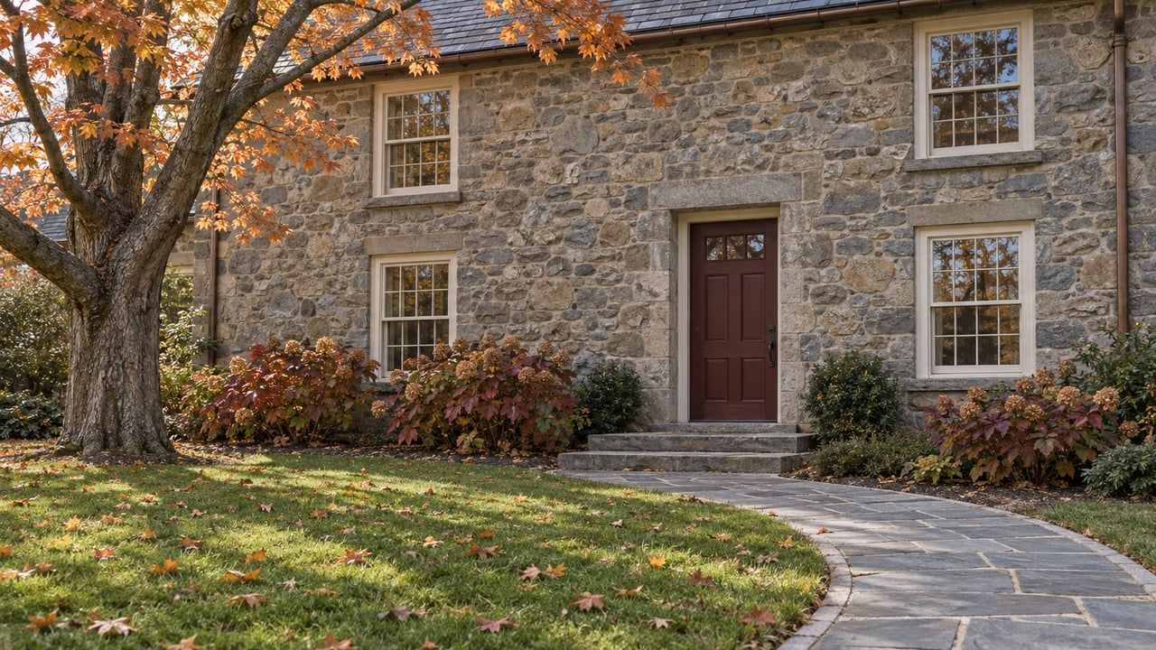Late-fall light on an aged fieldstone home, with ivory sash windows, an oxblood door and a flagstone approach across a deep lawn.