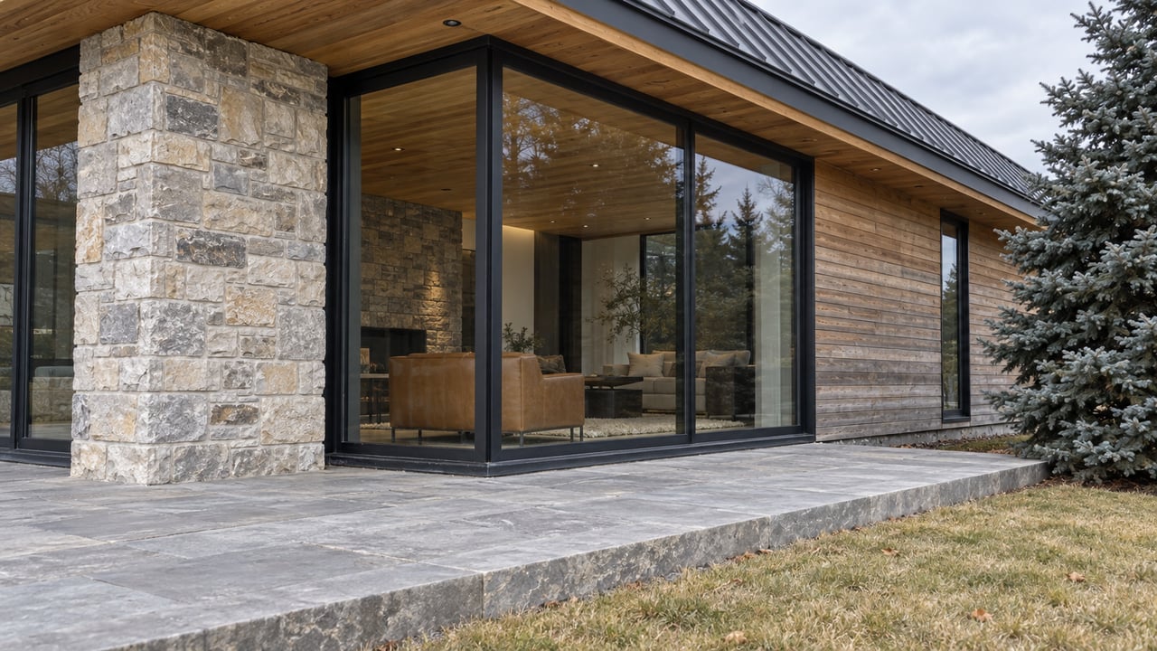 Timber-and-stone home with deep cedar soffits, enclosed corner glazing and a stone terrace beside dormant lawn and one blue spruce.