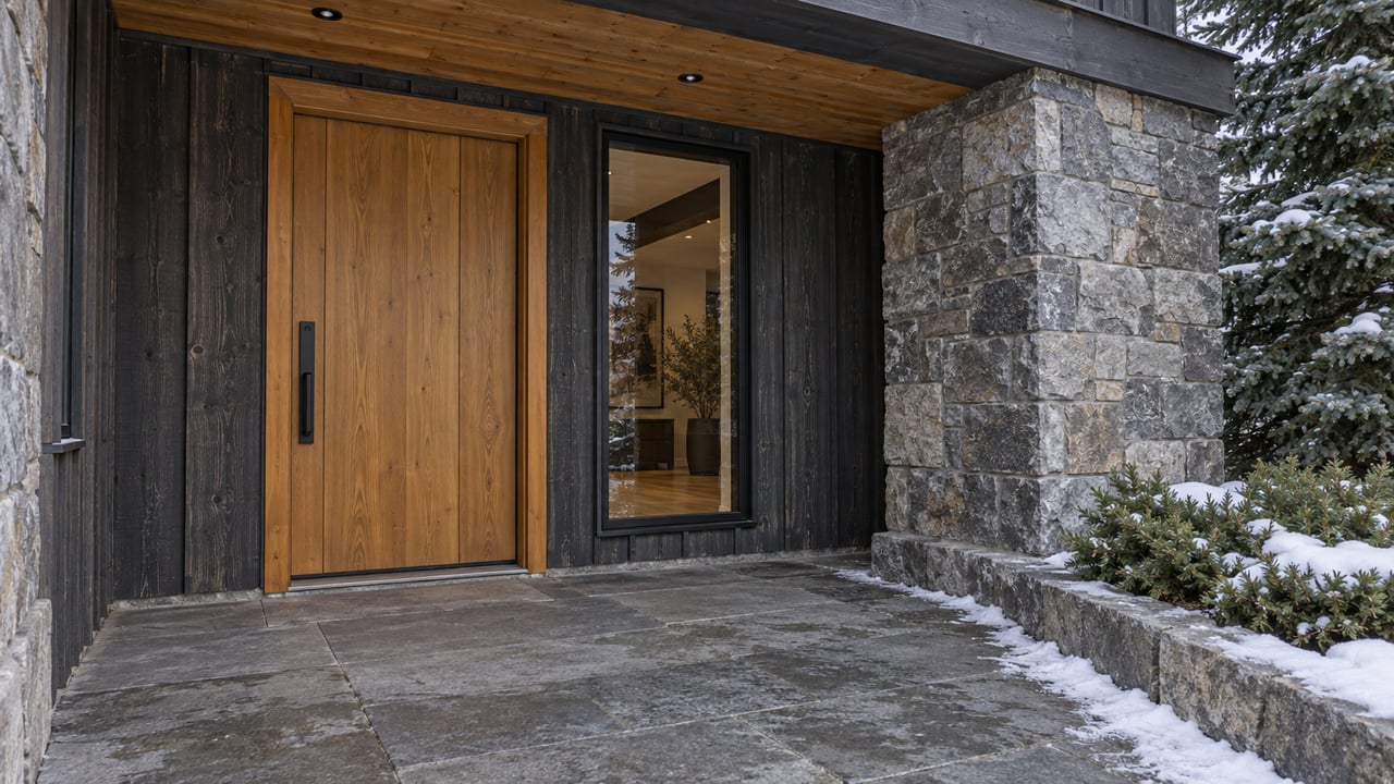 Covered cedar entrance beside a black-framed window and gray stone pier, with early snow edging the granite approach and blue-green spruce branches.