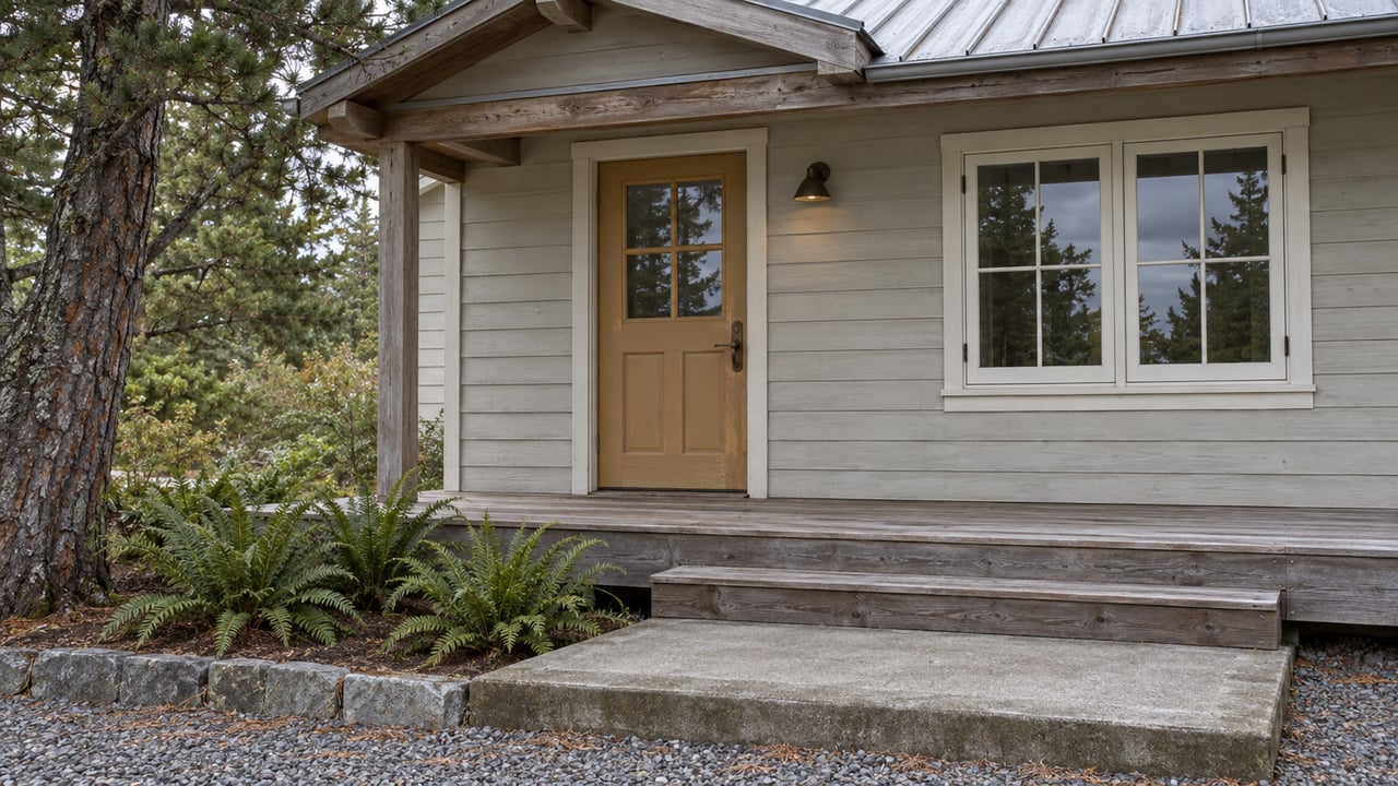 Weathered wood porch and ocher glazed entry door beneath a metal roof, with shore pine and sword ferns beside a gravel approach.