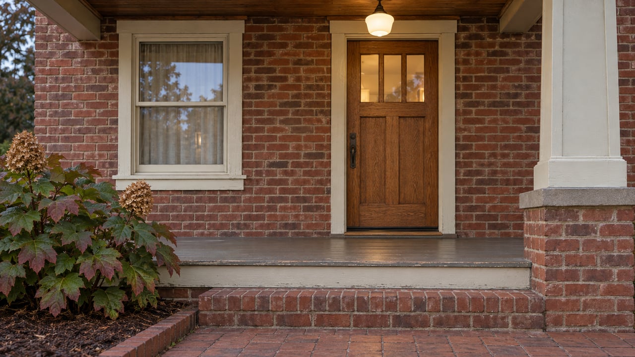 Brick home entrance with a wooden door, lit porch pendant, and leafy shrubs beside the steps.
