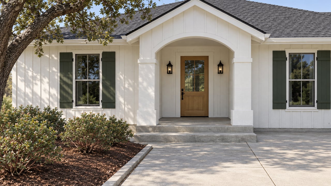 White board-and-batten home with an arched porch, dark-green shutters, an oak tree and a concrete approach bordered by manzanita.