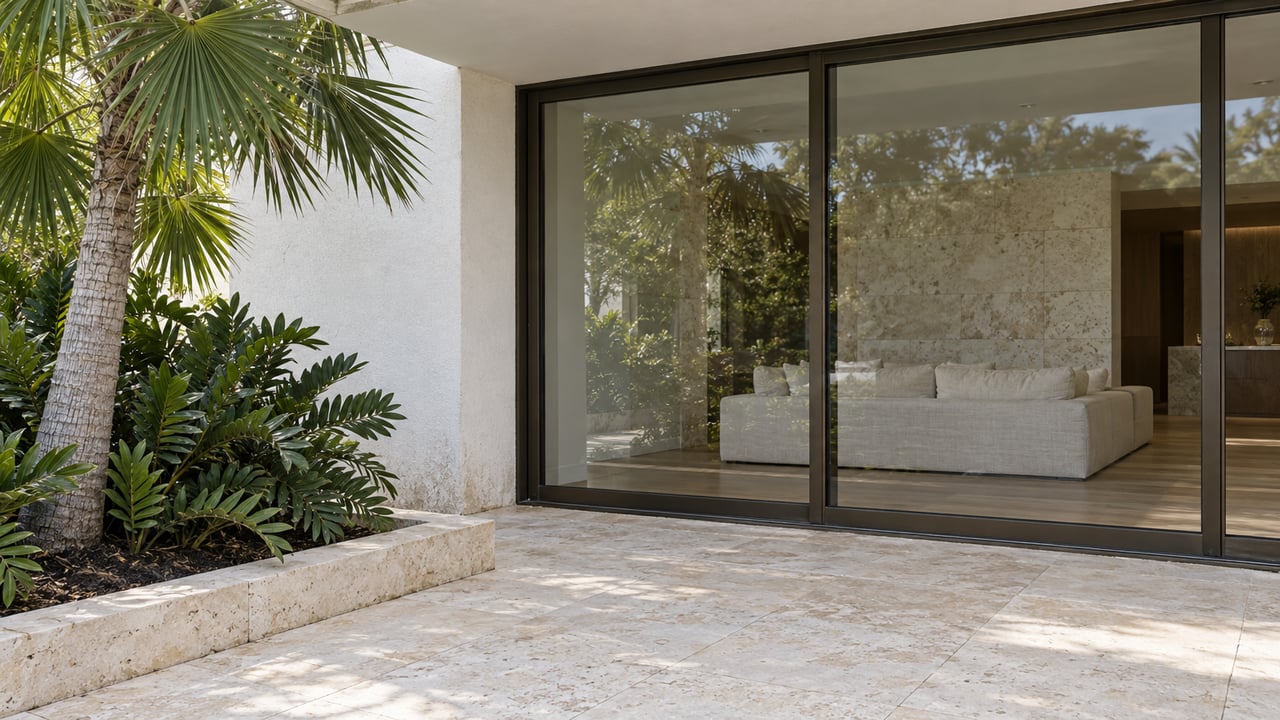 Sheltered limestone terrace beside white stucco and closed bronze-framed glass doors, with a fan palm in a raised stone planting bed.