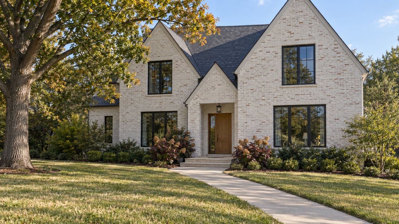 Ivory brick home with slate gables, black-framed windows and an oak entry beyond a deep lawn and limestone steps, with oak foliage beginning to turn.