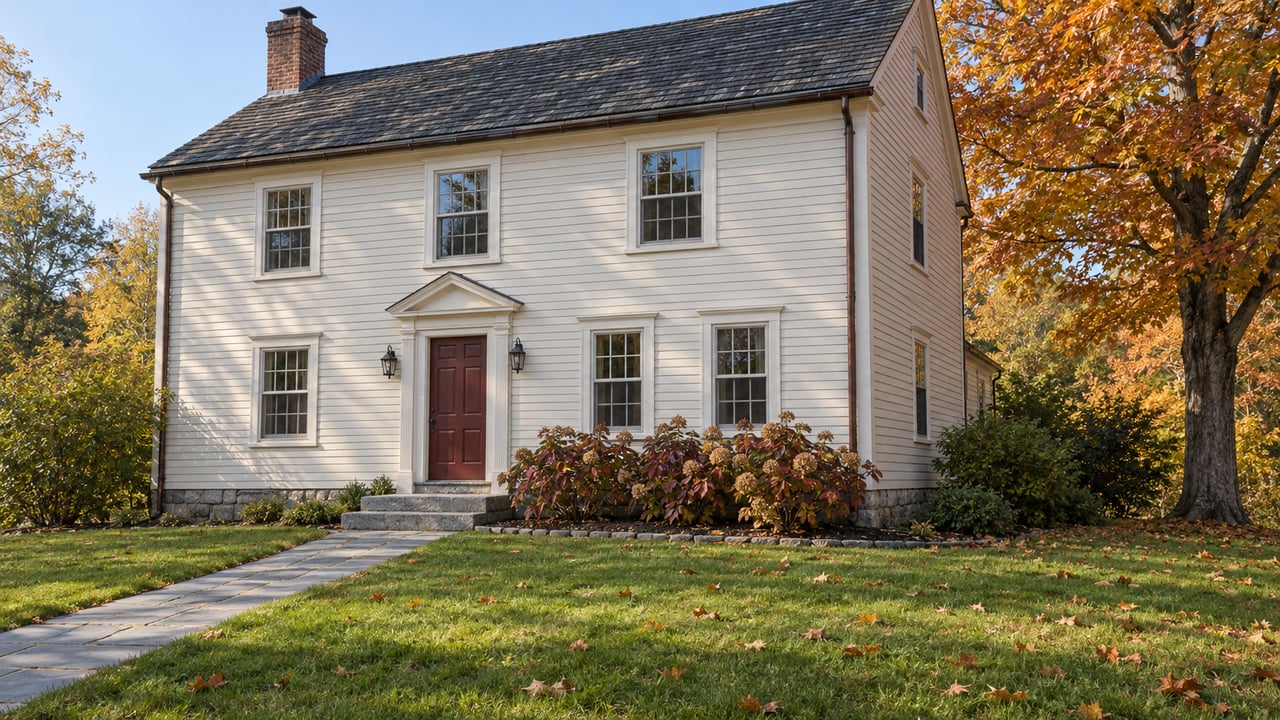 An ivory clapboard house with a red front door, granite steps, bluestone walk and autumn foliage beyond an established front lawn.