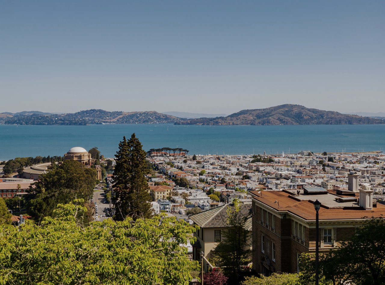 Scenic view from Lyon Street Steps in Pacific Heights, San Francisco, overlooking the Palace of Fine Arts and San Francisco Bay with clear skies and cityscape.