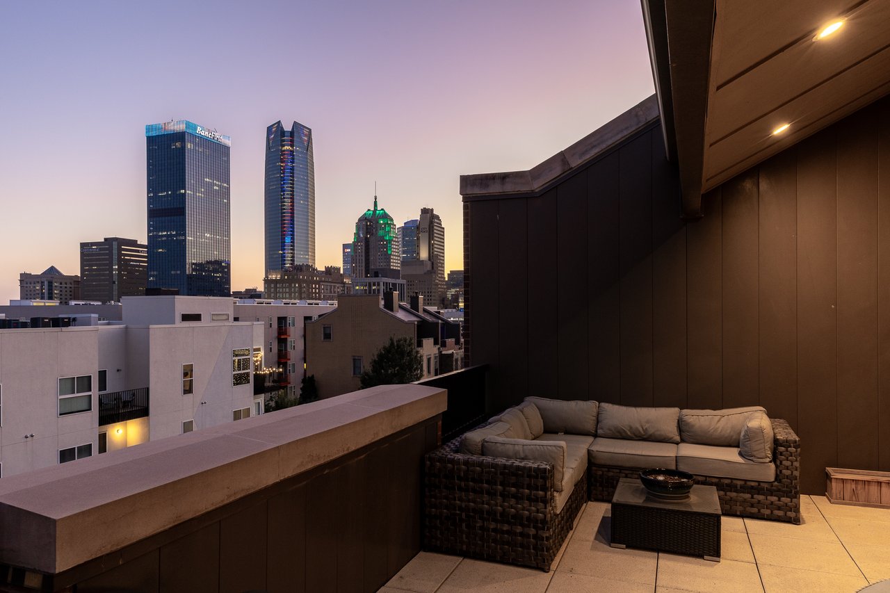 Downtown OKC skyline views from rooftop patio of townhome listed by Jennifer Kragh