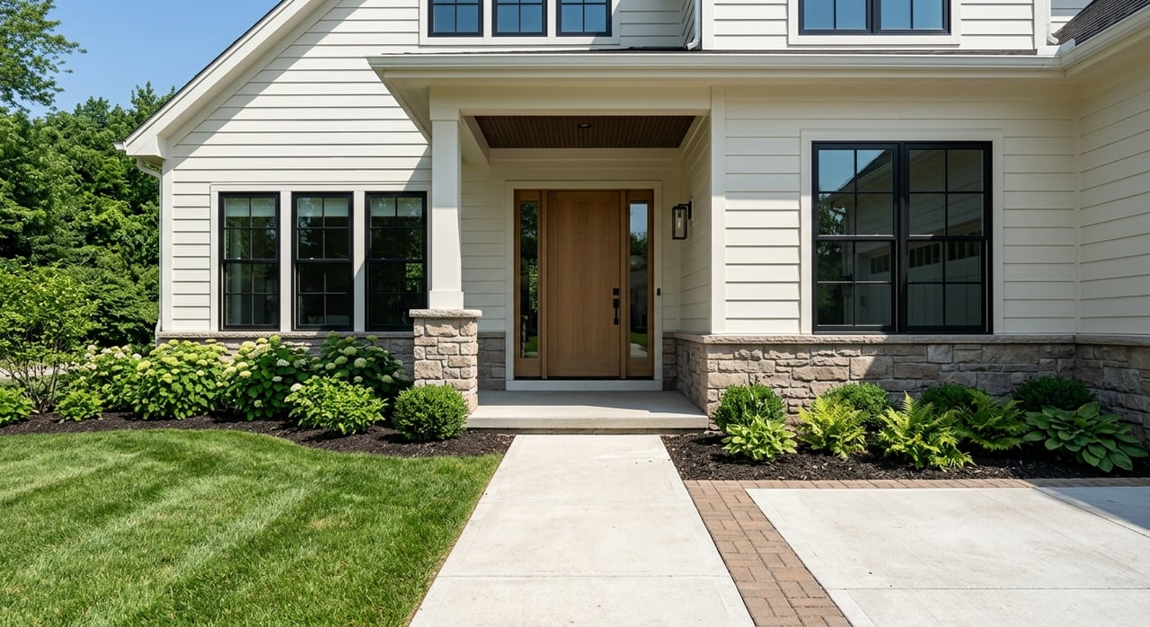 Concrete front walk leads to a stone-and-siding porch, bordered by clipped shrubs, hydrangeas, and ornamental grasses.